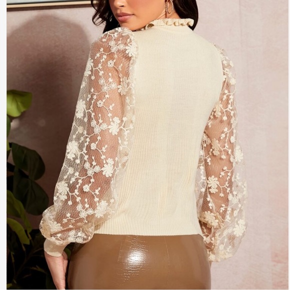 Cozy Frilled Neck Sheer Mesh Long Sleeve Sweater Top - Picture 2 of 8